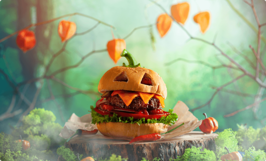 Halloween themed pumpkin burger as a cheat meal