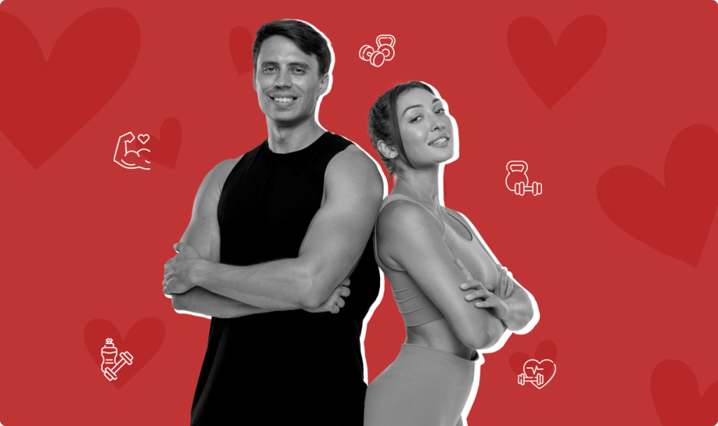A couple standing close, surrounded by hearts in a workout gear at Vision Sports Club.