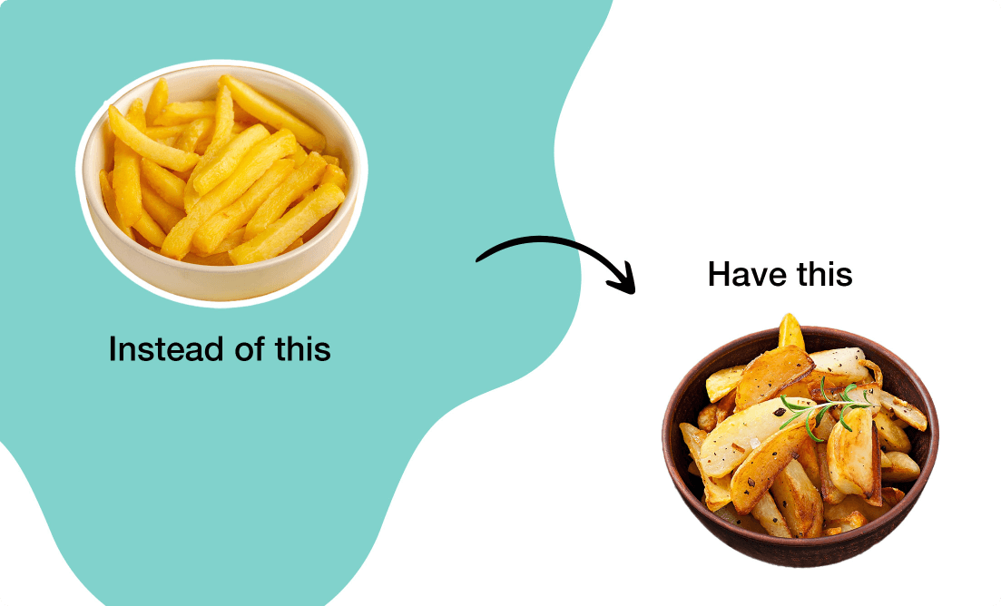 A side by side comparison between bowl of french fries and a bowl of baked sweet potatoes