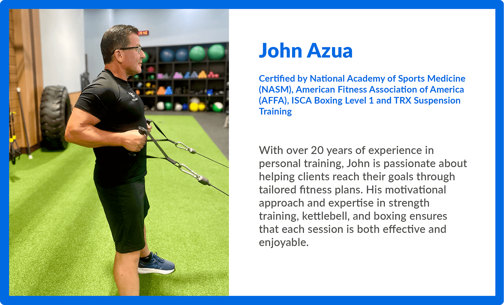 John Azua, personal trainer at Vision Elite, demonstrating resistance training with cables in the gym.