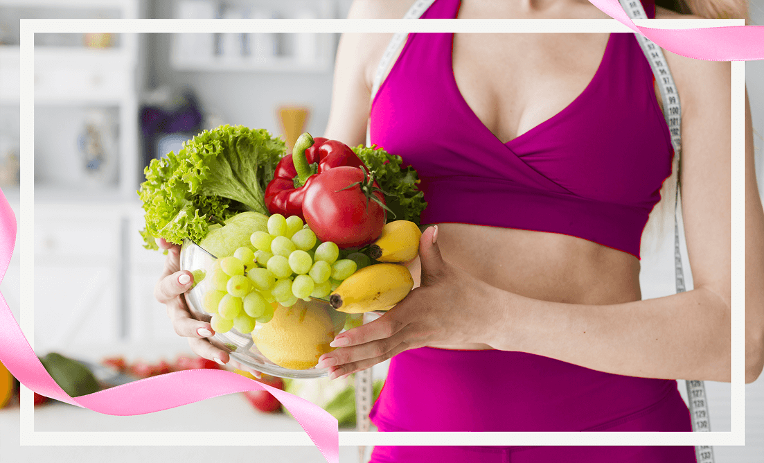 Healthy balanced meal with lean protein, colorful fruits, vegetables, and healthy fats for breast cancer recovery.