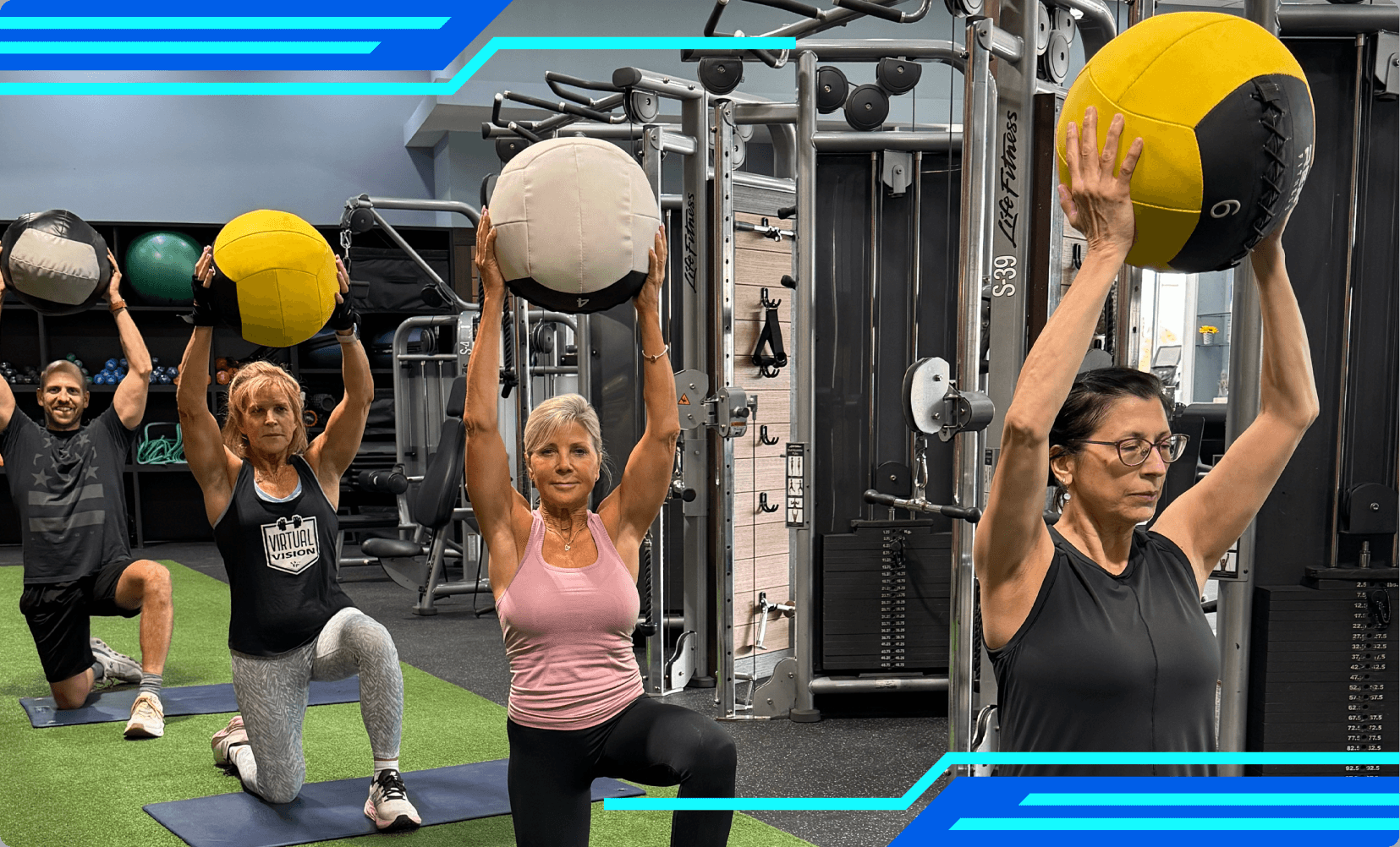 Trainer leading sports-driven workouts with medicine ball slams and agility runs, focused on speed and performance.