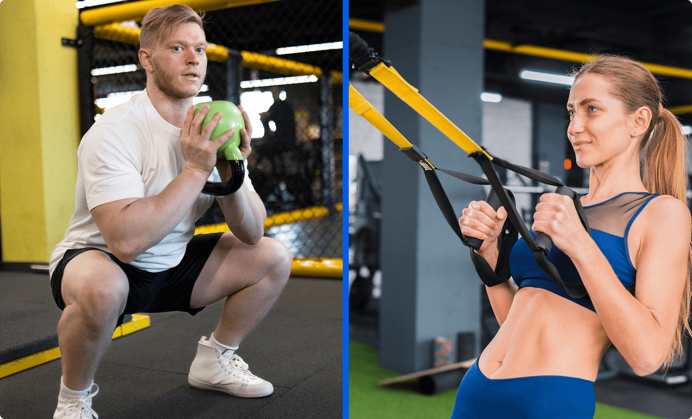 Split image showing a man performing a kettlebell exercise and a woman using TRX straps, highlighting full-body strength training at Vision Elite Training.