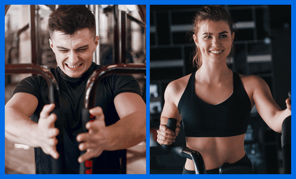 Side-by-side comparison of intense, strained workout versus steady, controlled training.