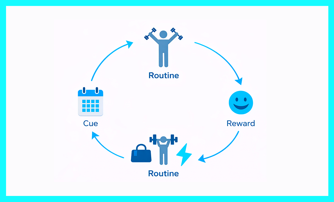 Habit loop diagram showing cue, routine, and reward in a continuous cycle.