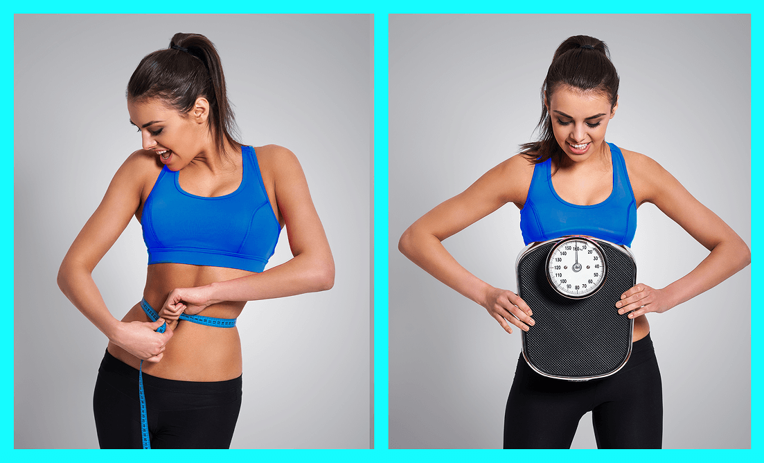 Side-by-side image of a woman measuring her waist and holding a bathroom scale, representing different ways people track fitness progress.