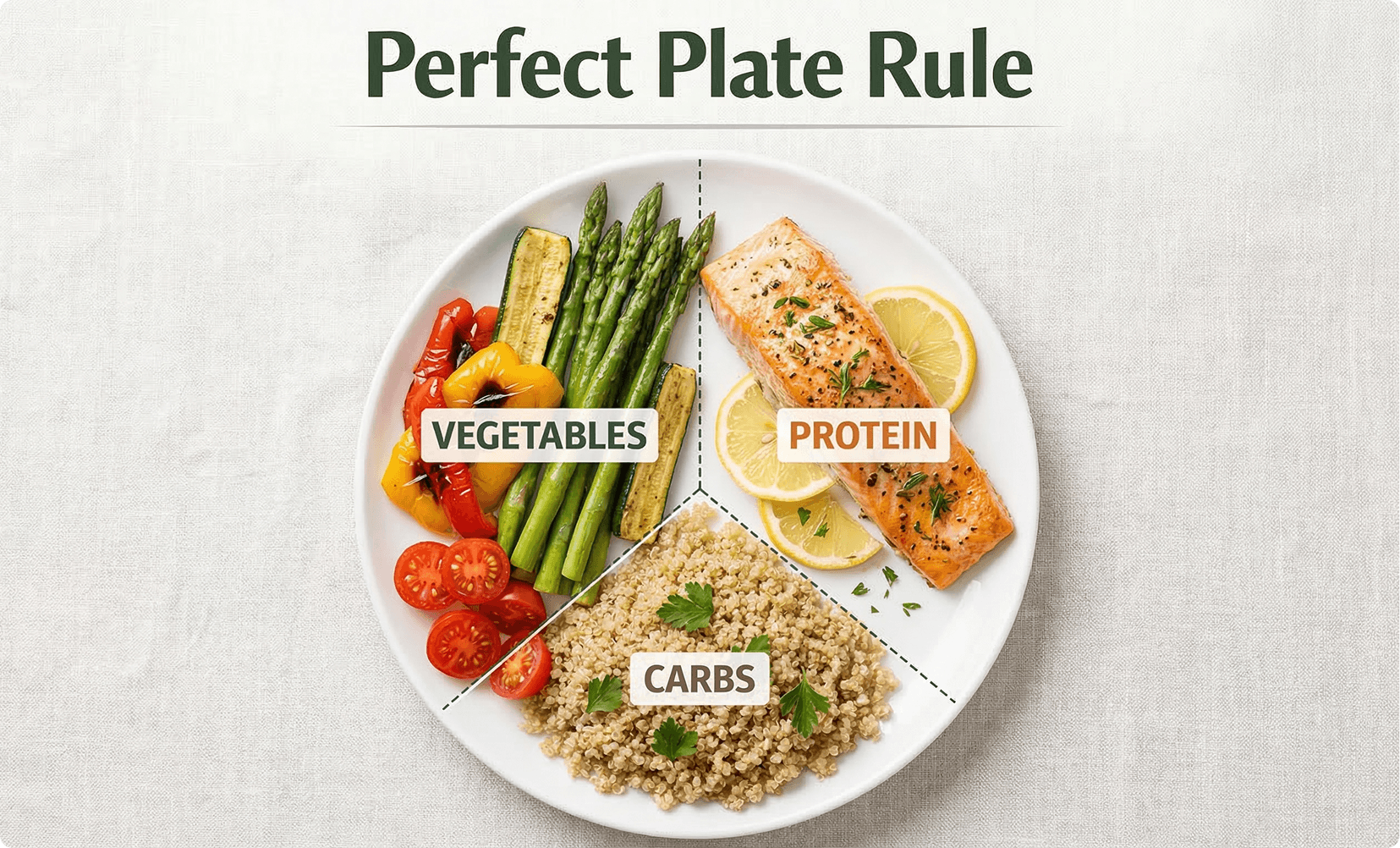 Balanced plate rule showing protein vegetables and carbohydrates for healthy nutrition.