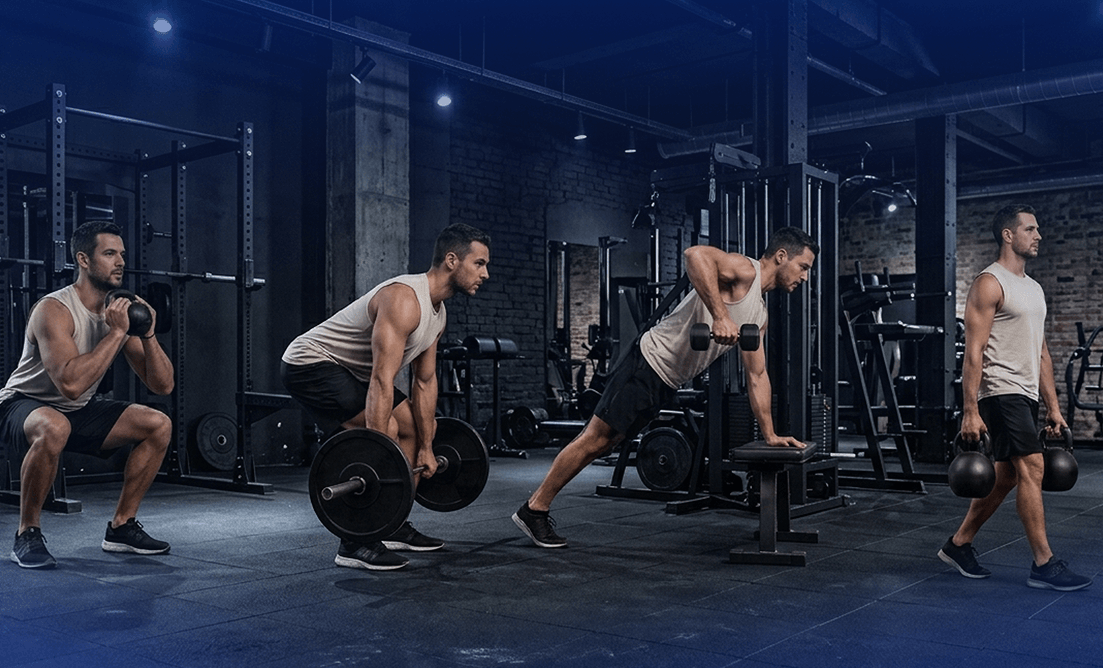 Men performing functional strength training exercises at Vision Elite Training to build muscle, improve mobility, and support healthy aging.