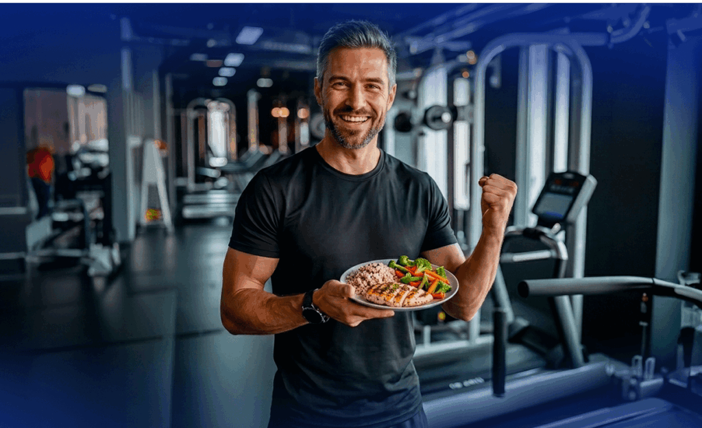 Man holding a healthy meal bowl at Vision Elite Training, highlighting the role of nutrition in healthy aging and long-term wellness for men.
