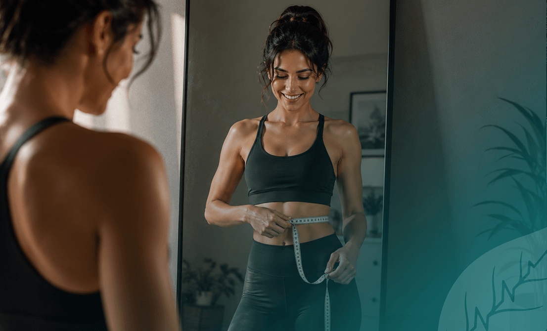 Woman measuring her waist to track fitness progress beyond body weight at Vision Elite Training.