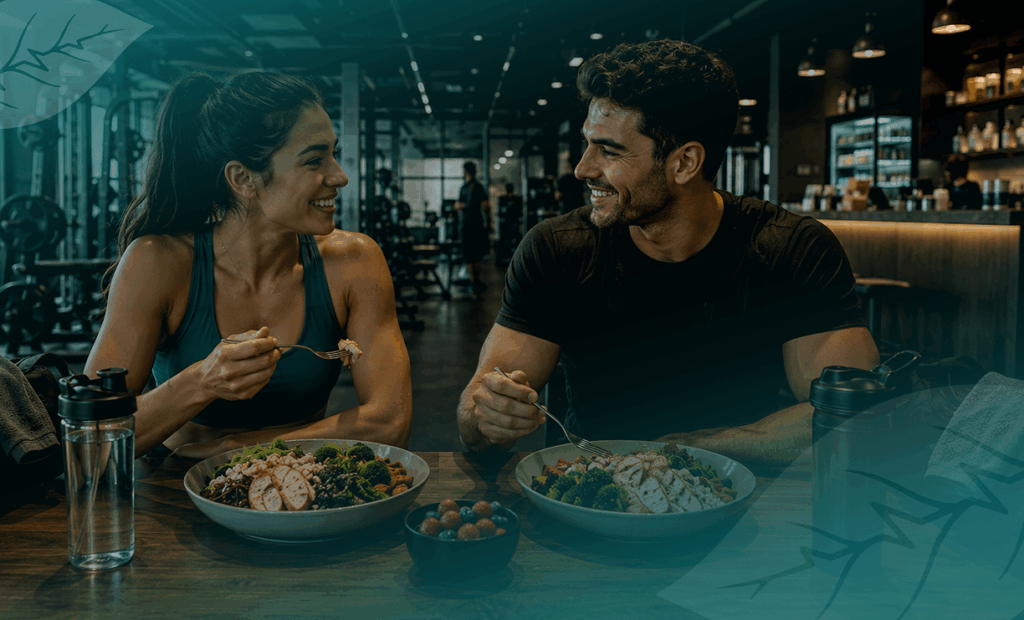 Man and woman enjoying a balanced meal, highlighting the role of nutrition alongside exercise at Vision Elite Training.