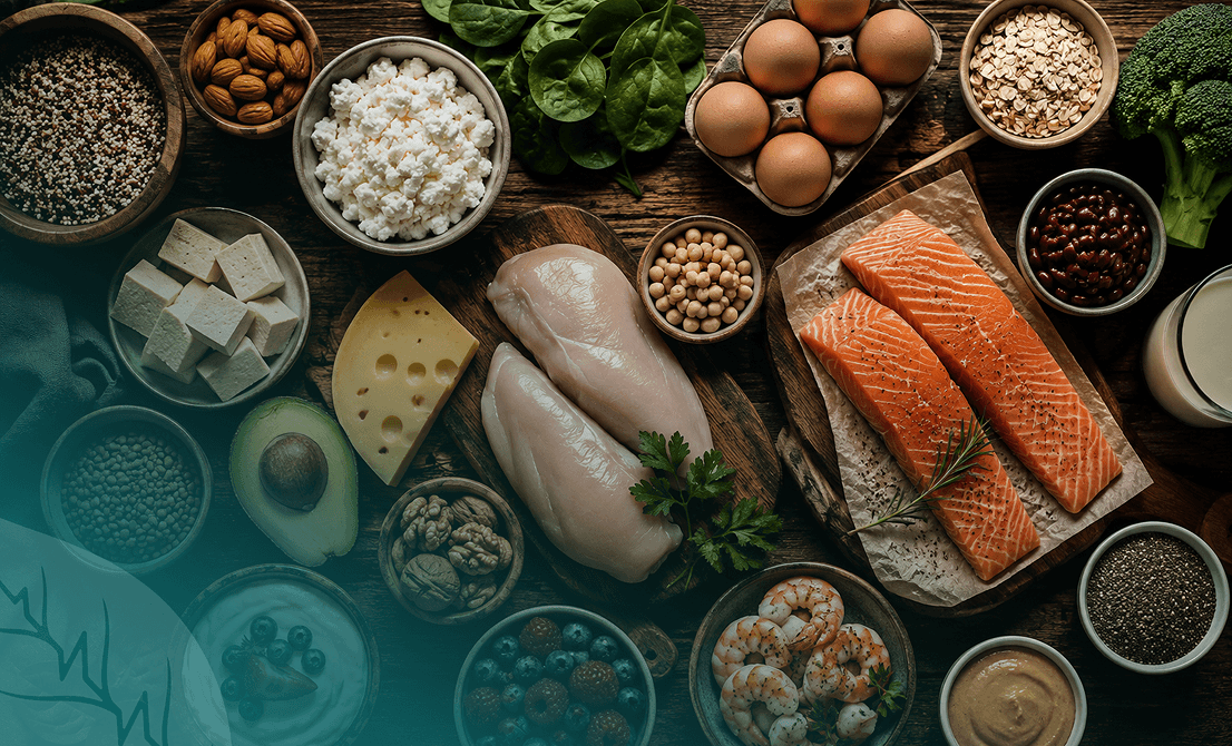 Protein-rich foods including salmon, chicken, eggs, nuts, and legumes for balanced nutrition and recovery at Vision Elite Training.