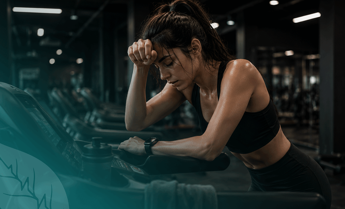 Tired woman after a cardio workout, highlighting how proper nutrition can support energy and recovery at Vision Elite Training.