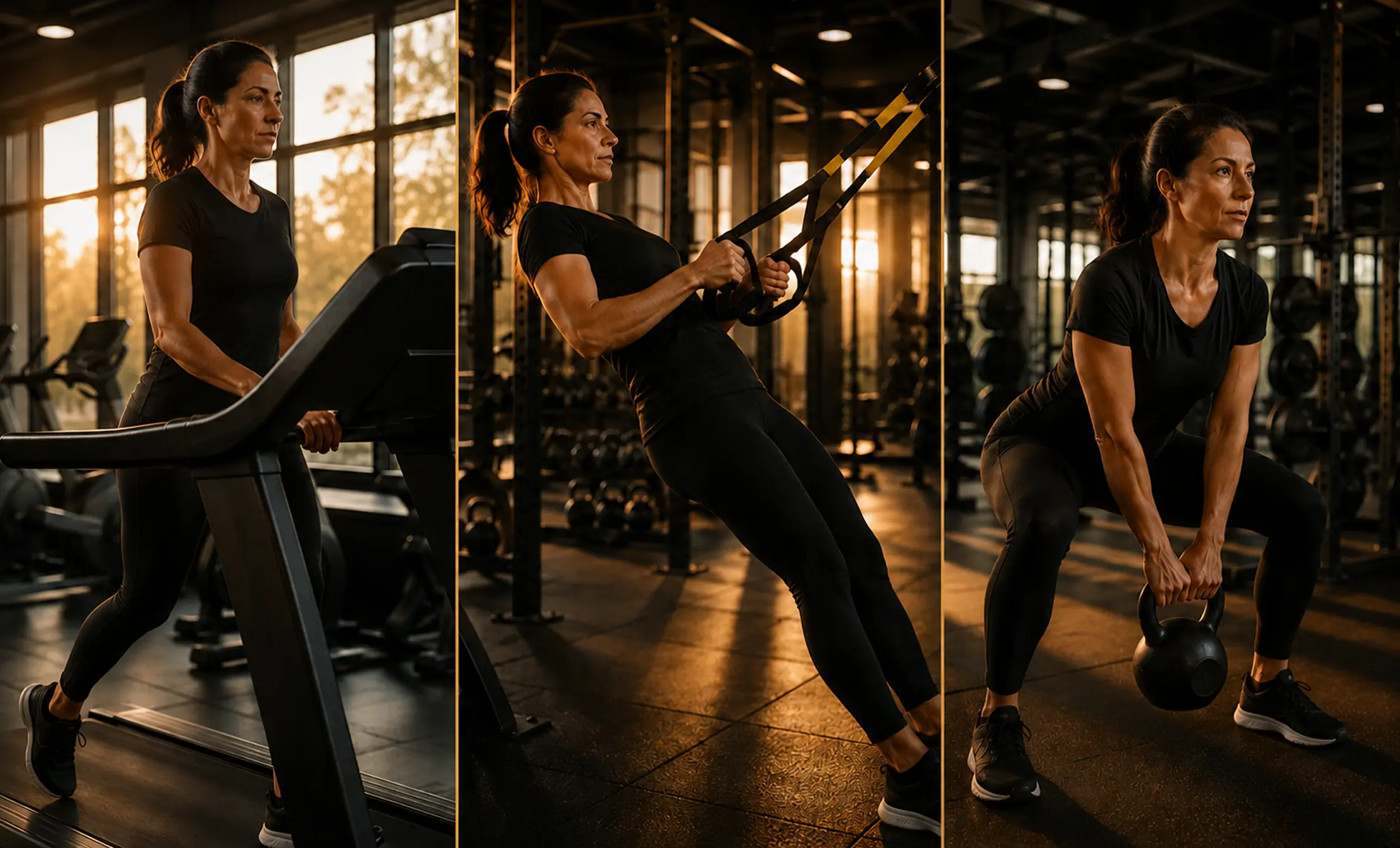 Woman exercising consistently through cardio, TRX training, and kettlebell exercises at vision elite