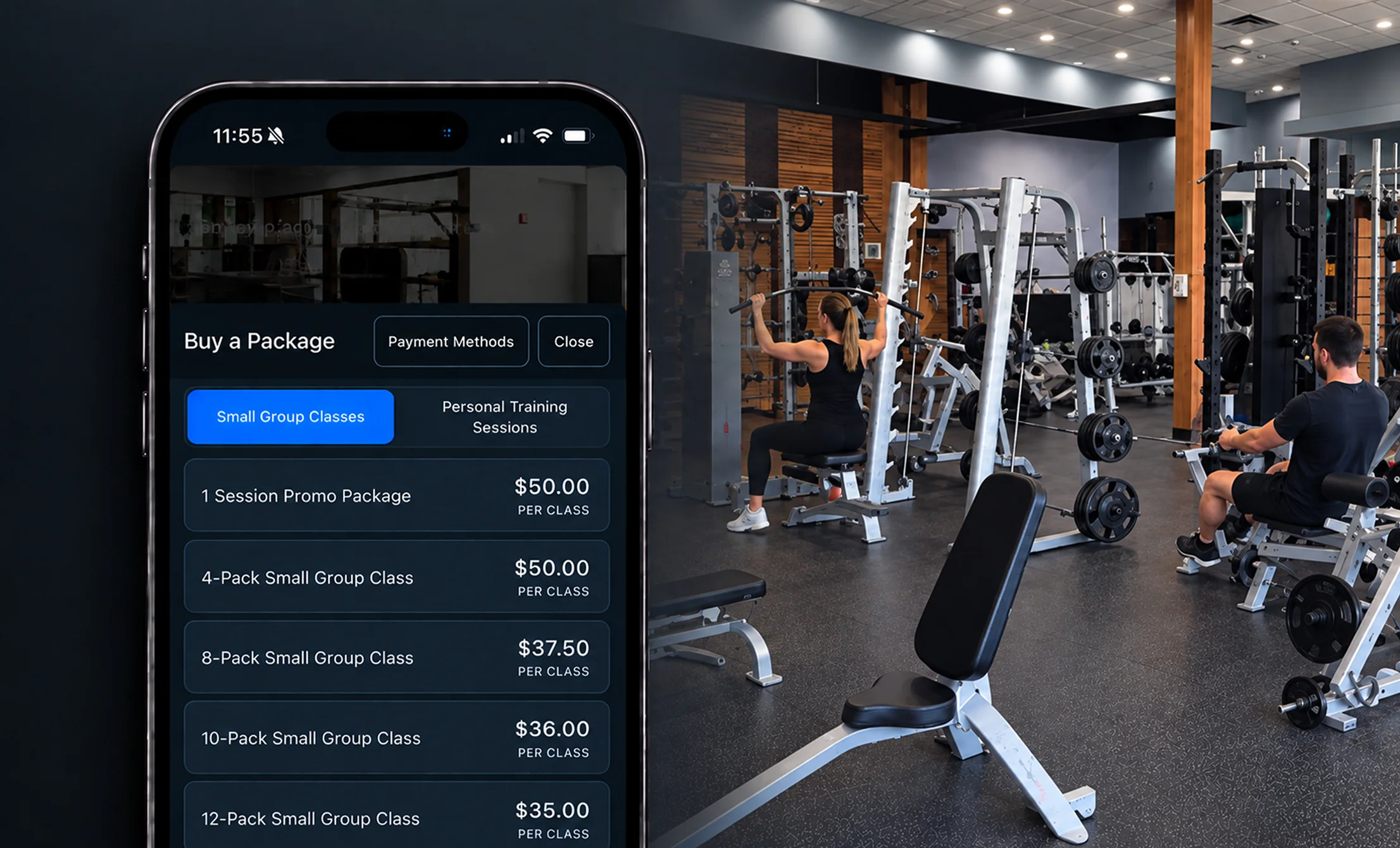 Vision Elite Training App showing training packages and our facility