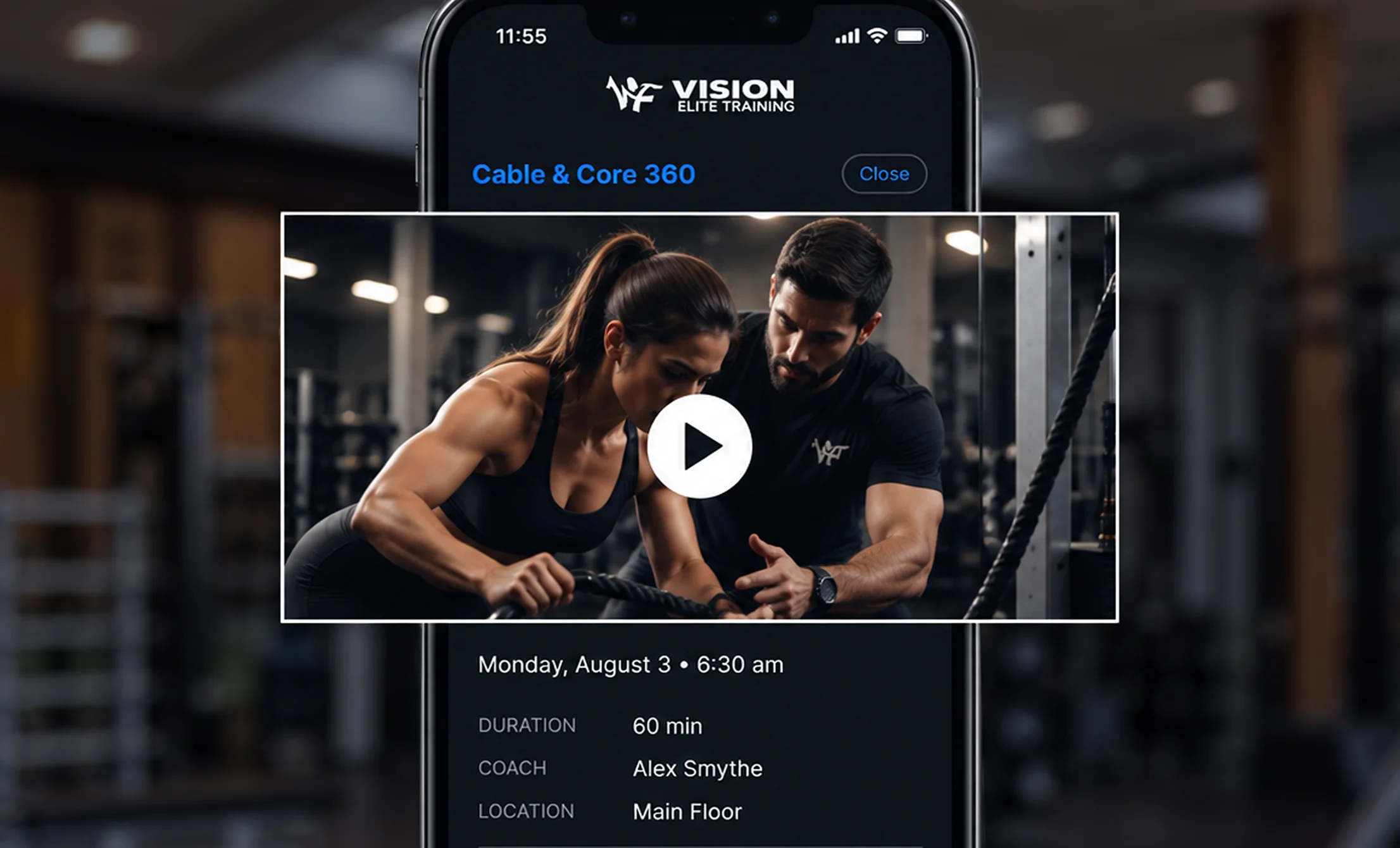 Vision Elite Training App displaying a class highlight video with a personal trainer