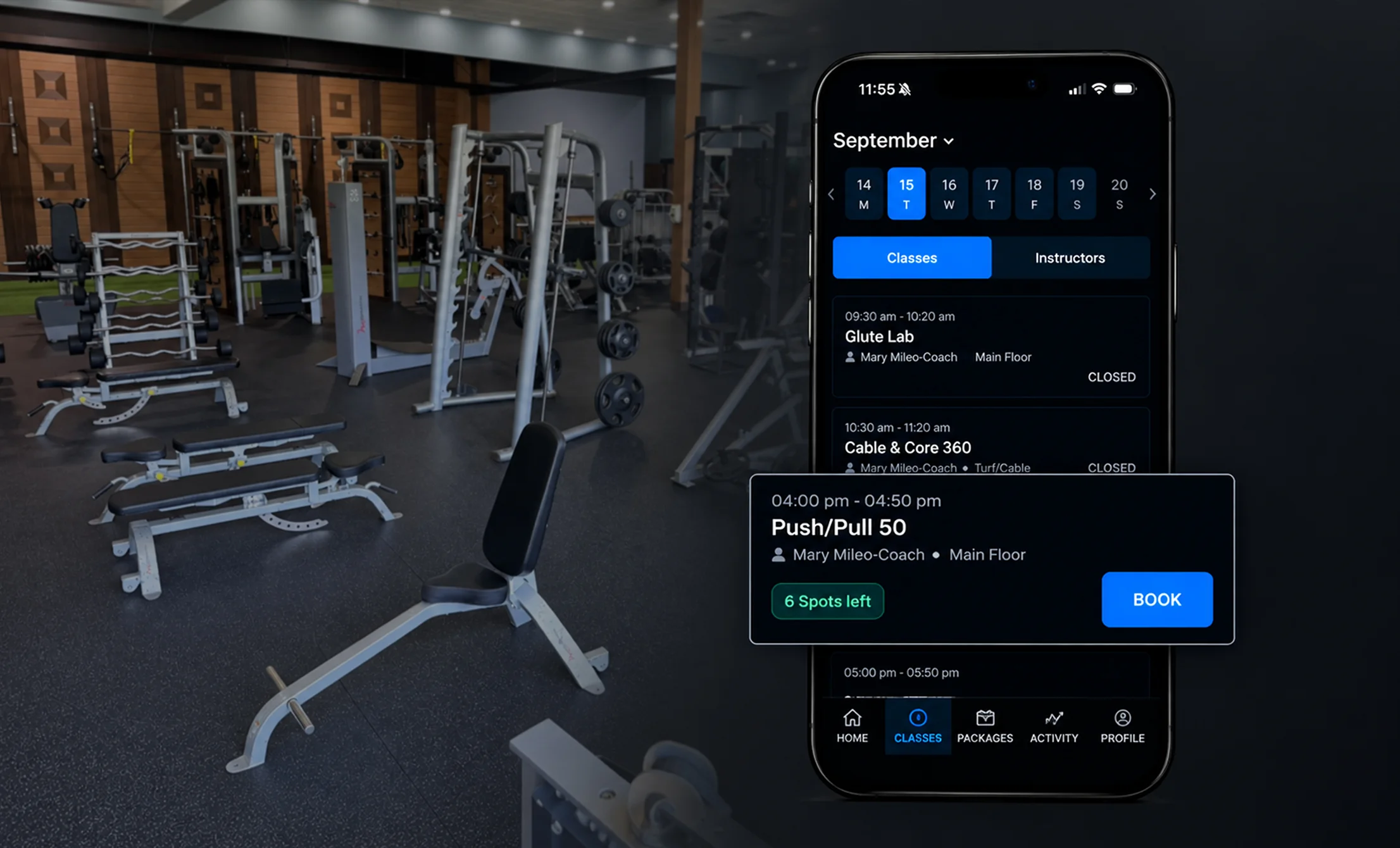 Vision Elite Training App showing available small group fitness classes