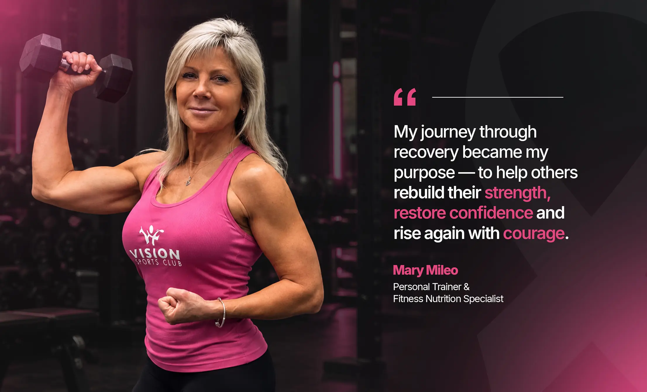 Mary Mileo, Vision Elite Personal Trainer, and breast cancer survivor, lifting a dumbbell.